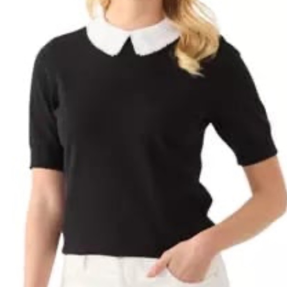 CeCe Black Blouse with Peter Pan Collar and Pearl Accents